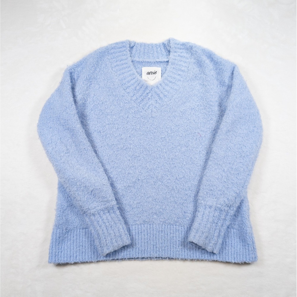 Aerie Womens V-Neck Eyelash Knit Sweater Light Blue XXS Fuzzy Cozy Pullover